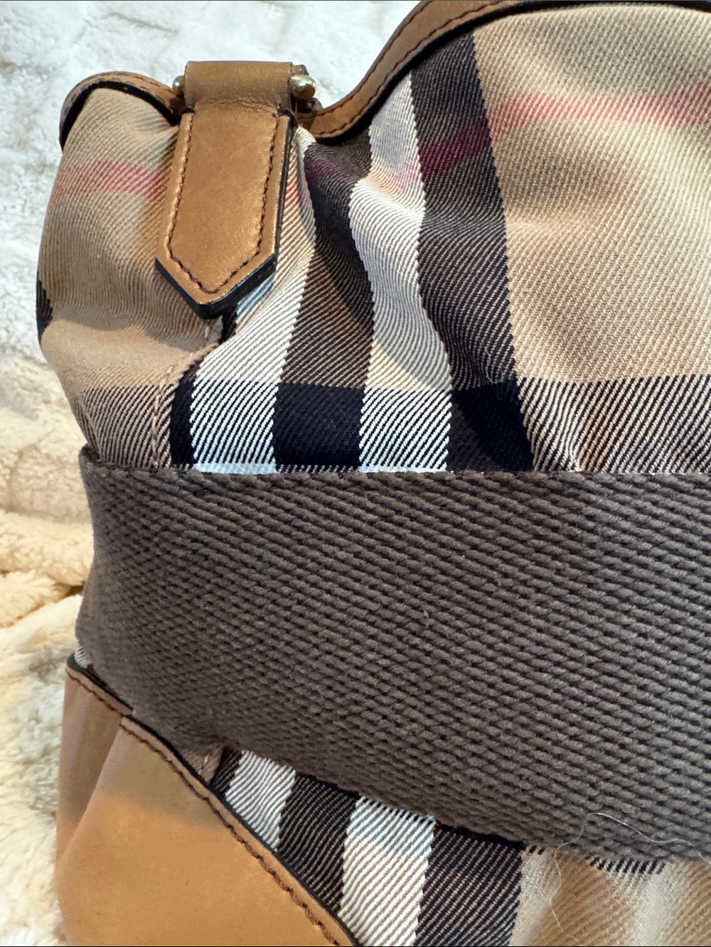 Burberry Beige Plaid and Brown Leather Satchel - Picture 12 of 15